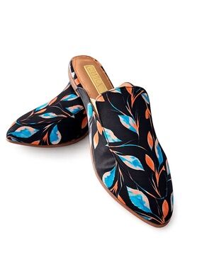 Chula Leaf Print Pointed Toe Mules | Black Satin Slip-On Flats